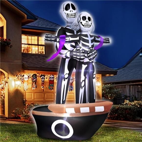 6 FT Halloween Skeleton Inflatables Skull Cuddling Couple Lovers Built-in LEDs